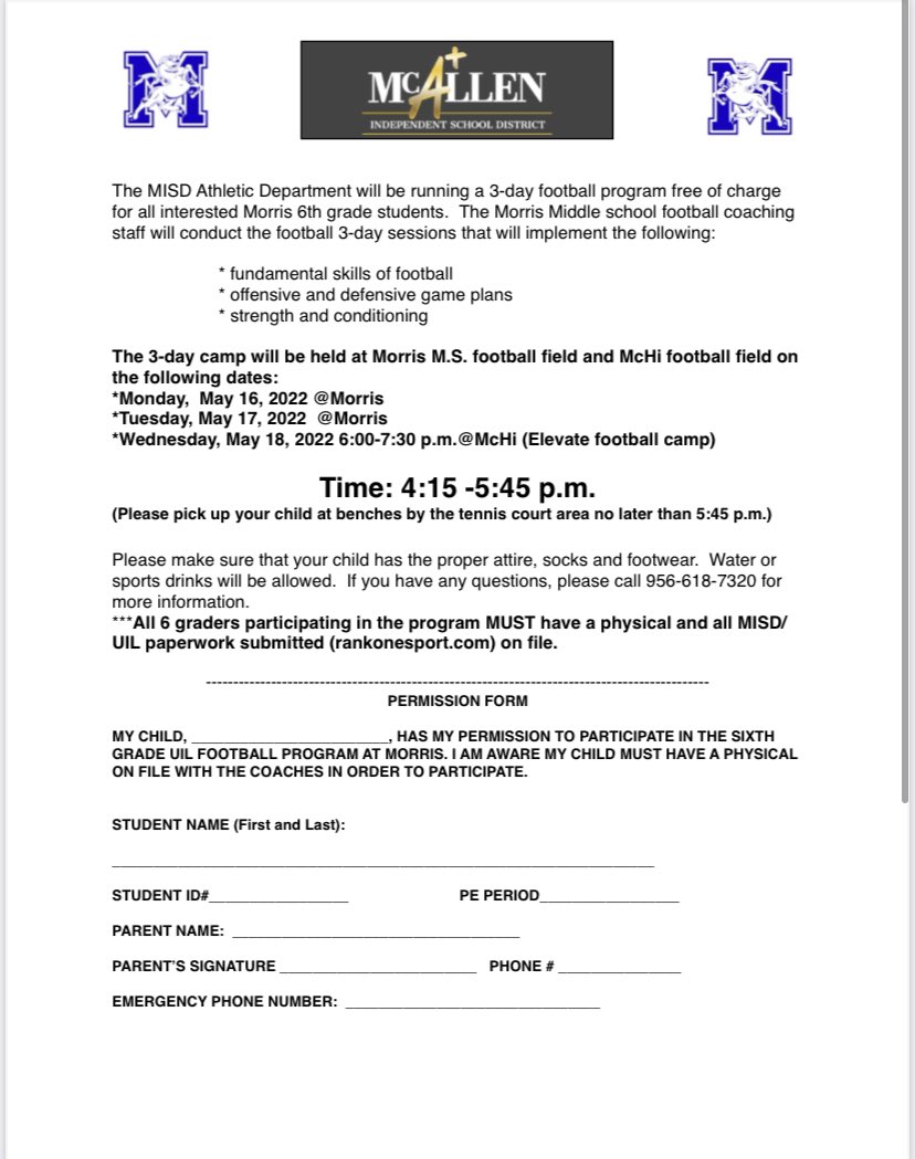 stallions045's tweet photo. Good afternoon Morris community! Just a reminder there will be a 3 day 6th grade football camp for anyone interested beginning tomorrow and it’s free of charge! Check it out!! 🏈

#MorrisPride
#DistrictOfChampions
@Mcallenisd https://t.co/L4FvMTXcSd