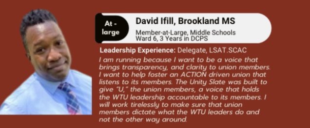 DavidIfill2's tweet photo. I am here as a DC music teacher asking for your vote as I run for the position of WTU Member at Large on the #UNTIYSLATE . I want to be a voice that advocates for ACTION in the Union. please #SHARE with other DC teachers and let’s SHAKE THINGS UP! #WTUnity @DC_CORE https://t.co/wDz6PxhGRD
