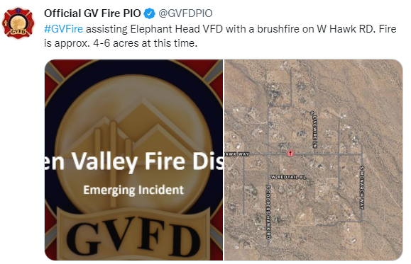 CCFirenIncident's tweet photo. ~1630: #GVFD: assisting Elephant Head VFD with a #brushfire on W Hawk RD. Fire is approx. 4-6 acres at this time. https://t.co/td4ZTtyWUx