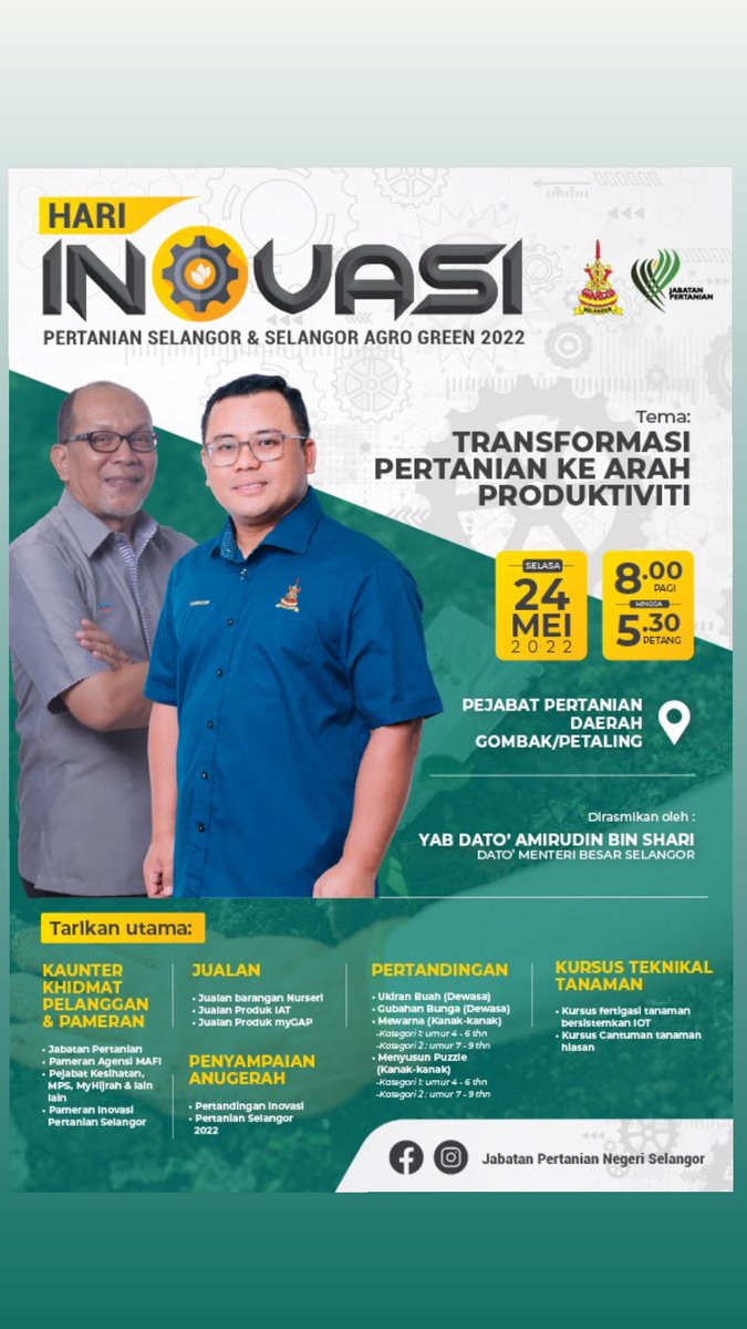 HARI INOVASI PERTANIAN SELANGOR.  

Pelbagai aktiviti menarik menanti anda.. Jom Hadir😉
@mafimalaysia <a href="/myDOA_HQ/">Jabatan Pertanian Malaysia 🇲🇾</a> <a href="/suk_selangor/">Pejabat SUK Selangor</a> <a href="/agroselangor/">Agro Selangor</a> <a href="/IrIzhamHashim/">Izham Hashim</a> <a href="/zaharDOA/">Azahar Ibrahim</a> <a href="/wanzul81/">wan zul@81</a>