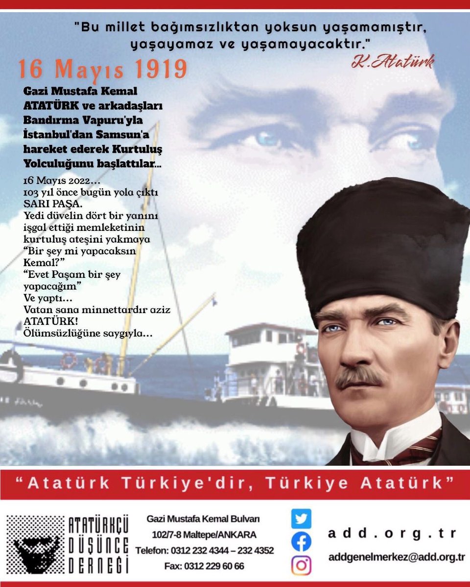 HsnBozkurt's tweet photo. Mustafa Kemal Paşa 103 yıl önce bugün Bandırma Vapuru ile Samsun’a doğru yola çıktı.
3 yıl 3 ay 22 günde emperyalizmin esarete mahkum etmek istediği bir Ulusu ayağa kaldırdı,bir vatan kurtardı,bir Cumhuriyet kurdu!
Saygıyla…
#ATATÜRK 
#BandırmaVapuru
#Samsun
@add_genelmerkez https://t.co/D8qf4MYGe4