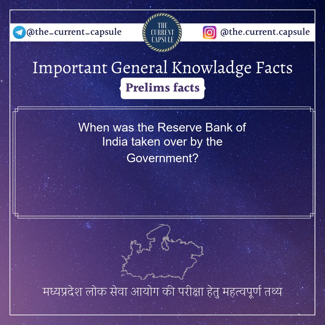 current_capsule's tweet photo. When was the Reserve Bank of India taken over by the Government?
Answer : 1948
 #generalknowladge #gk #ssc #ias #ips https://t.co/76k6BqZhpE