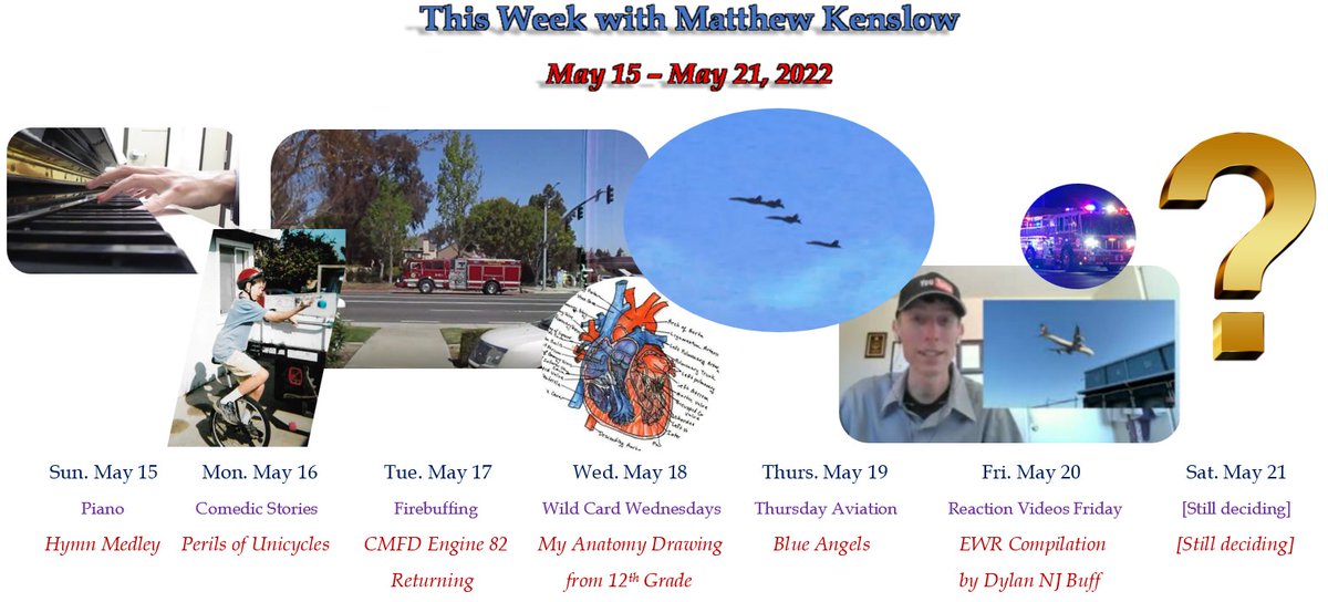 KenslowMatthew's tweet image. This Week with Matthew Kenslow, May 8 - May 14, 2022.

#comedy #firebuffing #anatomy #funny #stories #afv #piano #music #blueangels #rxn #reactions #funnystories #comedic #laughs #laughter #usn #ewr #newark #airport #cmfd #costamesafire #fireandrescue #juggling #unicycle