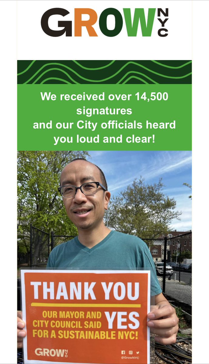 SaveNYCCompost's tweet photo. Wahoo! Good and exciting news! Thank you for taking the time to sign @GrowNYC’s petition restoring their zero waste funding. And if you have a moment, please thank the city for restoring the budget at the link: https://t.co/Z4sn47PSIH #saveourcompost https://t.co/Wf1ZsnTOlX