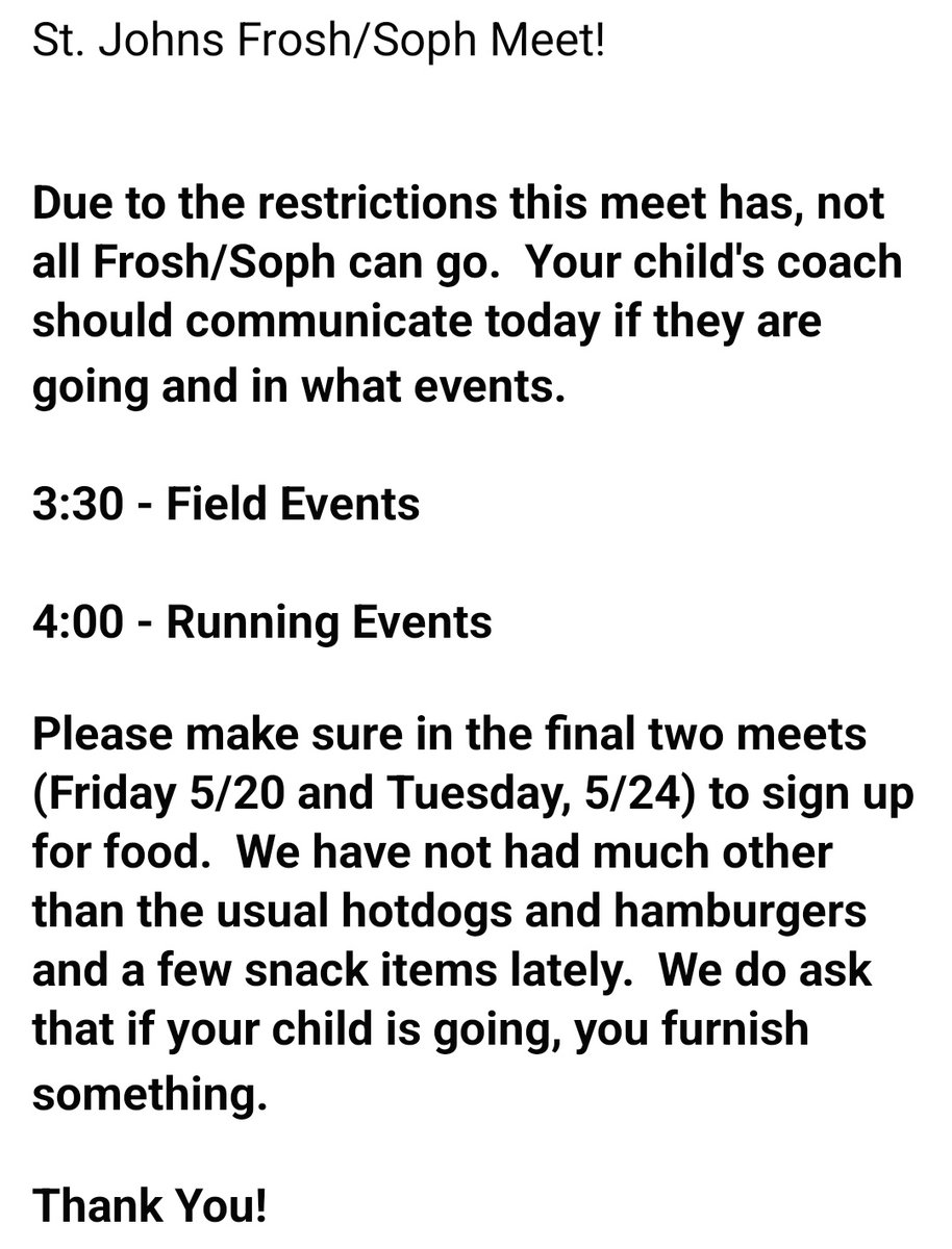 Information for tomorrow's Track meet will be pushed out to those athletes that qualify. Please check your email