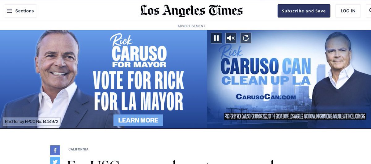 Huge Rick Caruso For Mayor banner ad across the LA Times website