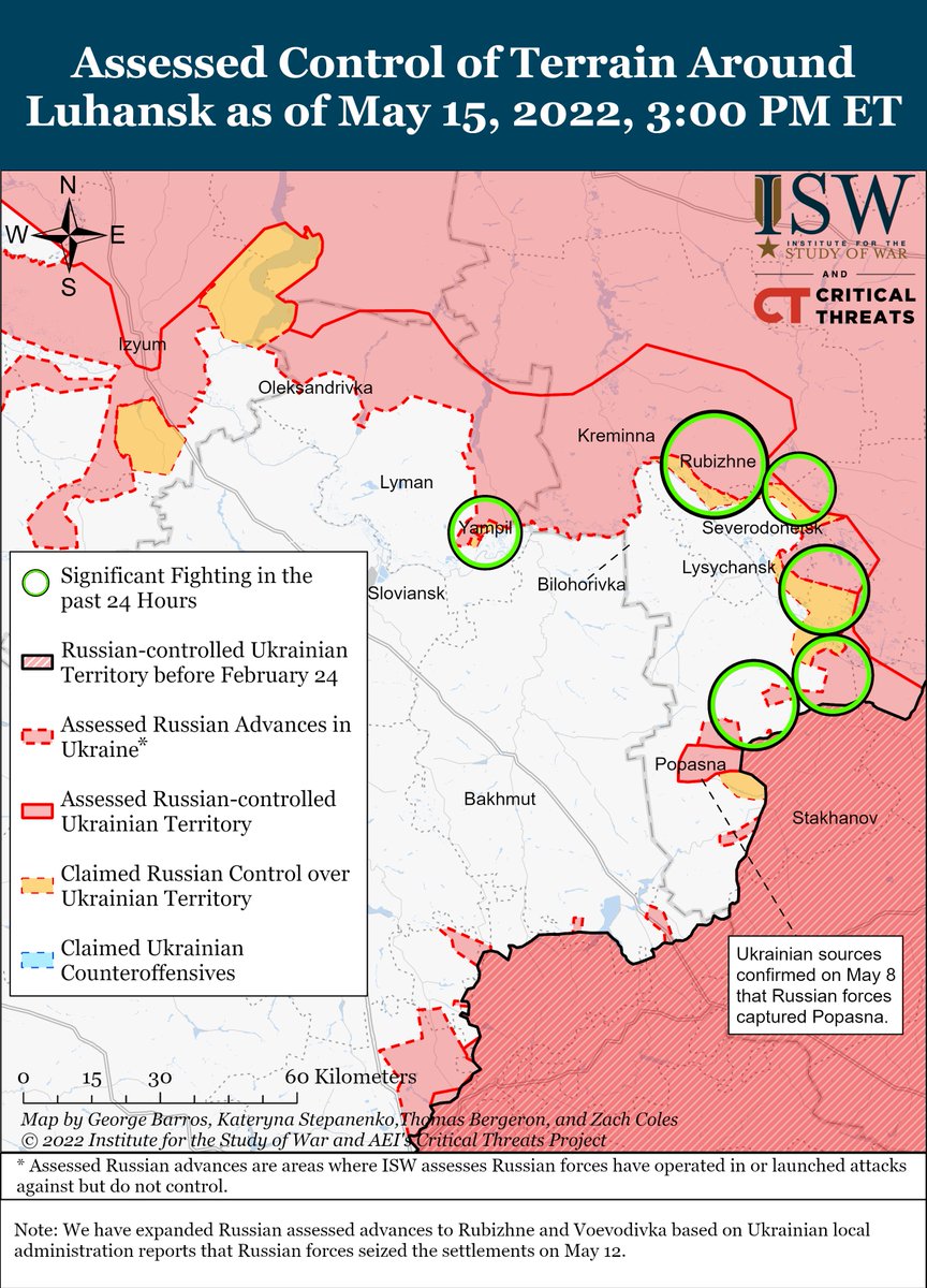 TheStudyofWar's tweet image. #Russian forces have likely abandoned the objective of completing a large-scale encirclement of #Ukrainian units from #Donetsk City to #Izyum in favor of completing the seizure of #Luhansk Oblast. 

Read the full report and see the maps: isw.pub/RusCampaignMay…