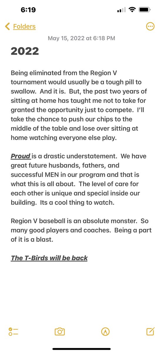 You can only type this out and erase to get perfect so many times.

2022 T-Birds - I Love You and i’m proud of you.

Ups and downs for sure, but you stayed together and put our program back on track.

#Tbirds