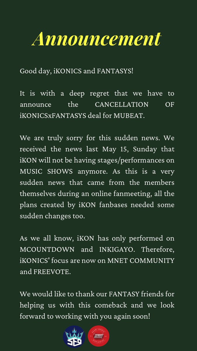 SF9KINGS_'s tweet photo. 📢NOTICE‼️

Fantasy, please read!
Thank you everyone for all your efforts and your willingness to help. Let's look forward to our future collab with them. Thank you @TeamiKONIC_WW and #iKONICS for this collab. 🤝💖

#SF9 #에스에프나인 @SF9official
@YG_iKONIC #iKON https://t.co/ZljI9ArCoz