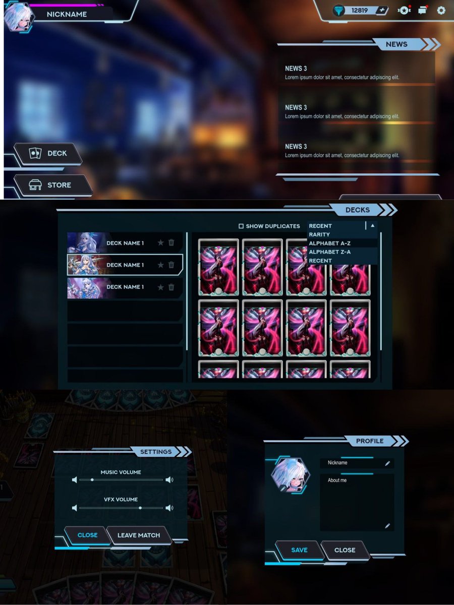 InstinctToken's tweet image. Alpha footage of the in game UI.
Showcasing the Main Menu/Homepage, this will be the central hub for the Instinct game,find battles,find the latest Instinct news,etc.
Customize your own deck,change your profile picture and much more!

Exciting things are coming!
#instincttoken