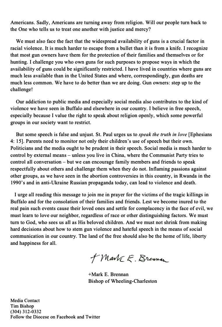 Echoing <a href="/BishopSeitz/">Bishop Mark J. Seitz</a>’s sentiments on #Buffalo, Wheeling-Charleston’s +Brennan writes: “Of all inhabitants in this country, Black Americans have suffered the most from centuries of slavery, legal and de facto segregation and socio-economic patterns…” dwc.org/wp-content/upl…