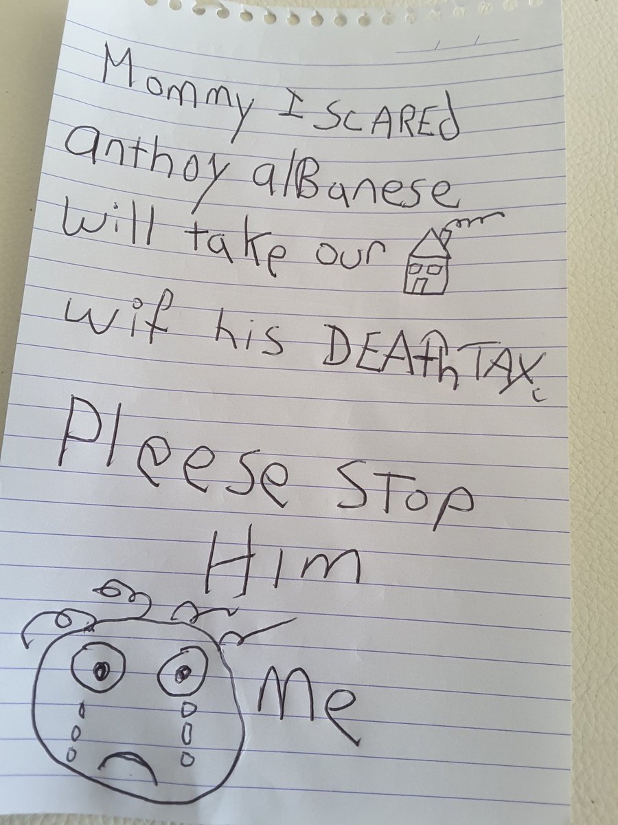 HelpRodger's tweet photo. A sad note written by a child desperately worried about Anthony Albanese disgraceful #DeathTax. 
#auspol #qanda #9today #sunrise #thedrum #insiders #THEPROJECTTV #ABC730  #auspoll #auspoll2022 Laura Tingle #ausvotes
#LibLaunch #LiberalLaunch #alboforpm #ScottsSuperTax News Corp https://t.co/PzZlbuzy6c