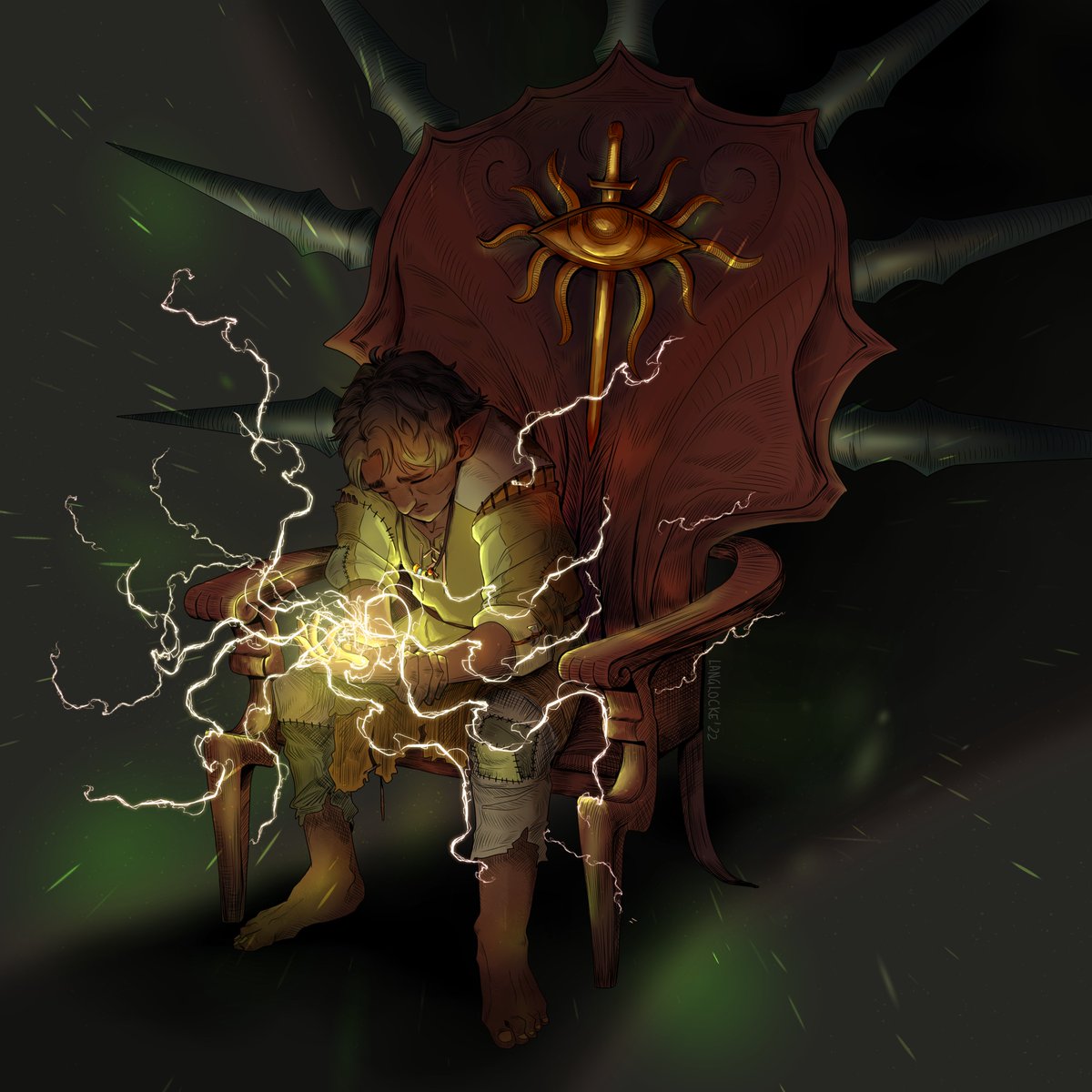 A haggard man sits on the throne of the Inquisitor. The mark on his palm glows wildly