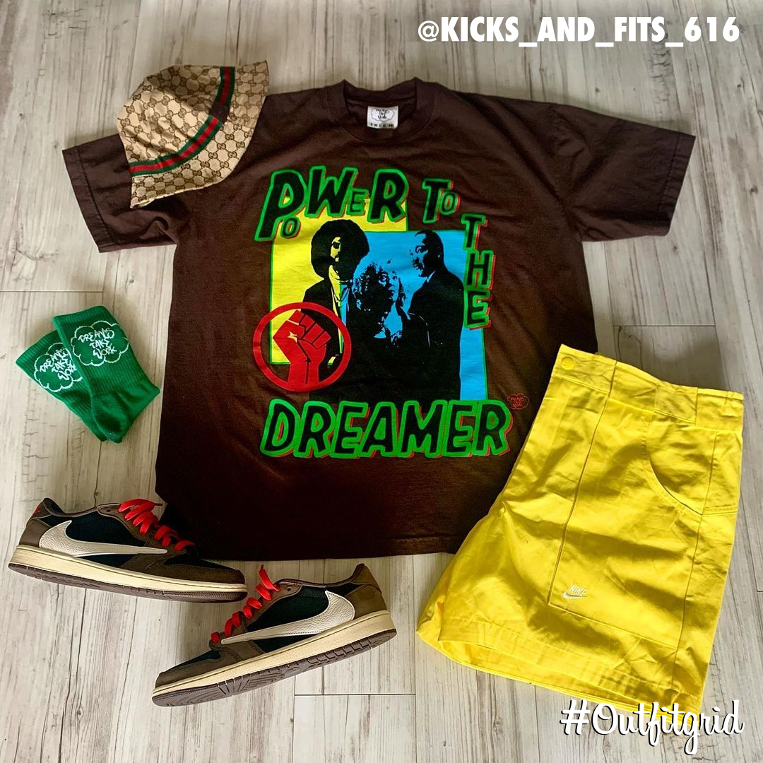 outfitgrid's tweet photo. Today's top #outfitgrid is by @kicks_and_fits_616 .
▫️ #Gucci #BucketHat
▫️ #Dreamstakework #Tee & #Socks
▫️ #Nike #Shorts
▫️ #TravisScott x #JordanI https://t.co/mNalKERW4n