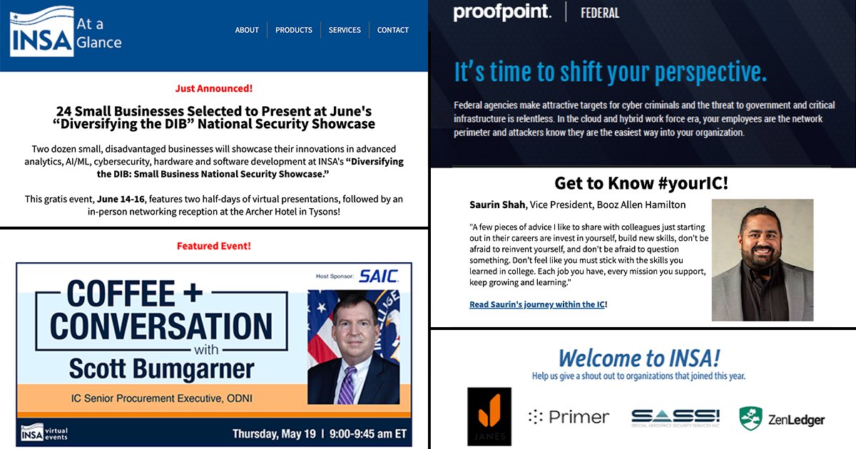 INSAlliance's tweet photo. ICYMI: Our latest newsletter, sponsored by @proofpoint, announces our lineup of companies presenting at “Diversifying the DIB: Small Business National Security Showcase”; features a new #yourIC profile; and welcomes new members to INSA! Read on: https://t.co/nU8mw0jXYJ https://t.co/mrwYQ3ErH6