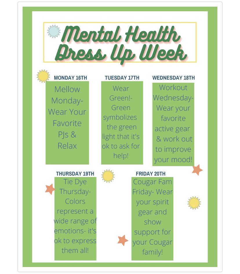CHSCSSS's tweet photo. Mental Health Dress Up Week begins tomorrow! #MentalHealthAwarenessWeek @DavissonDustin https://t.co/hH72YOYuYO