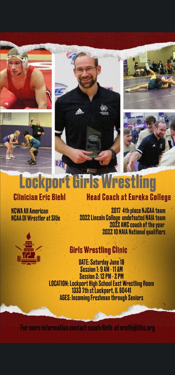 The Lockport girls wrestling team is hosting a free clinic for female wrestlers in the area to help build the sport. It is being run by Eureka college head girls coach Eric Biehl. Any HS age girl that has at least a little experience wrestling is welcome to come.
