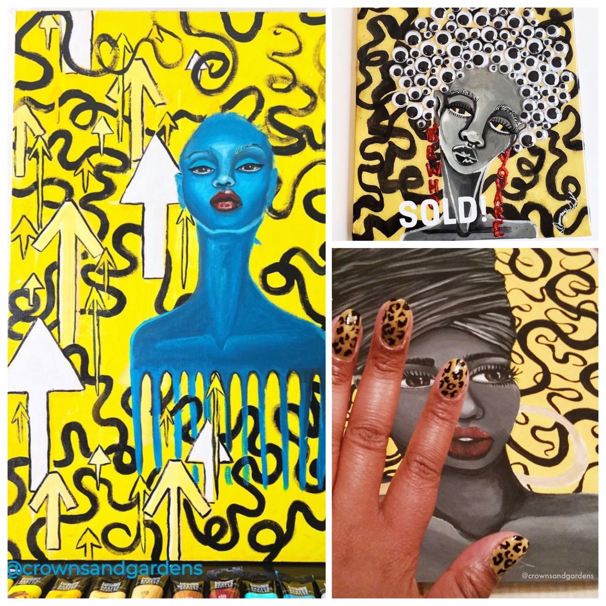 crownsgardens's tweet photo. I love when I reuse elements of my old pieces in my new pieces… I also love yellow 💛✨ #acrylicpainting #painting #workinprogress #art #blackart #blackcreator #supportblackart #bgwp #afropick #googlyeyes #greenvilleartist #yeahthatgreenville https://t.co/Zg6VCwNDKb
