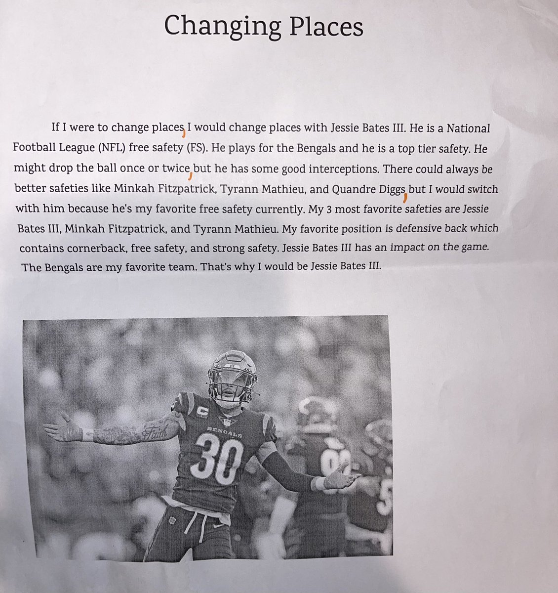 Buschwhacked's tweet photo. My 5th grade son decided for his school project, that if he could trade places with ANYBODY in the world..it would be @jlbiii3 #WhoDey #bestsafety https://t.co/KtXRdLvSBE