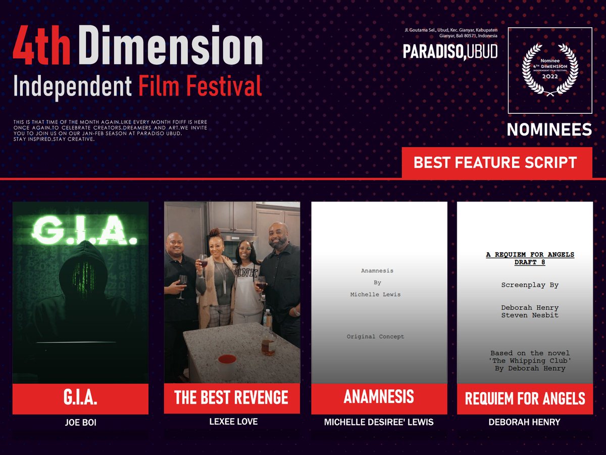 4D_FilmFest's tweet photo. Congratulations to the nominee of Best Feature script and Best First time Filmmaker category in our March-April season.
.
#nominee #indiefilmfestival #bali #indonesia #fdiff2022 #filmfreeway https://t.co/vlt6cDVUxs