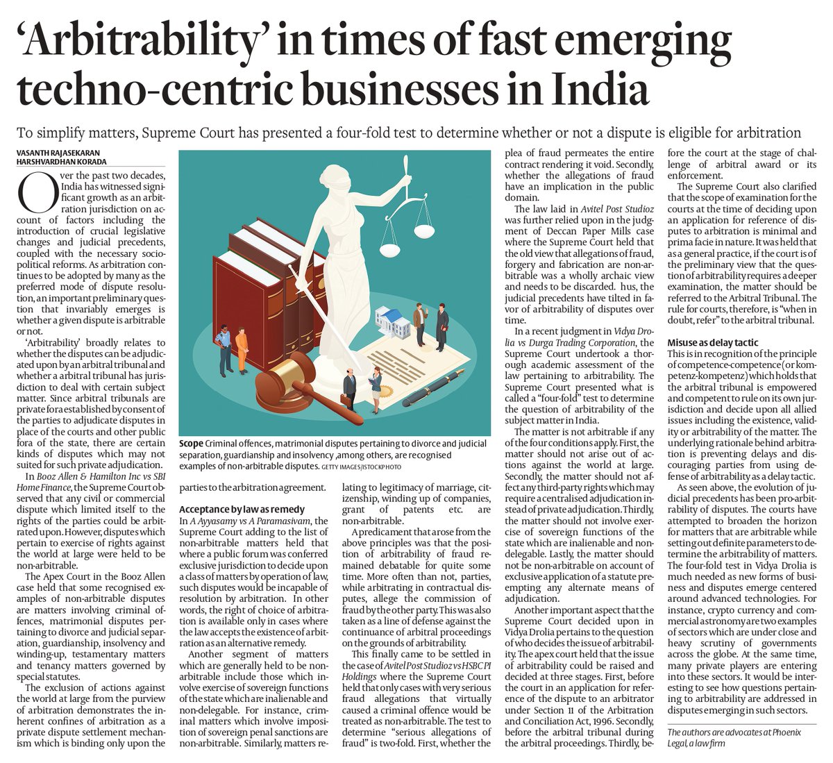 phoenixlegal's tweet photo. Vasanth Rajasekaran and Harshvardhan Korada, in an article published on the @businessline examine the evolution of the law of arbitrability in the times of fast-emerging techno-centric businesses in India.
https://t.co/tcPm45bnVl
#phoenixlegal #arbitrability #arbitration https://t.co/yIbFq8cJSL