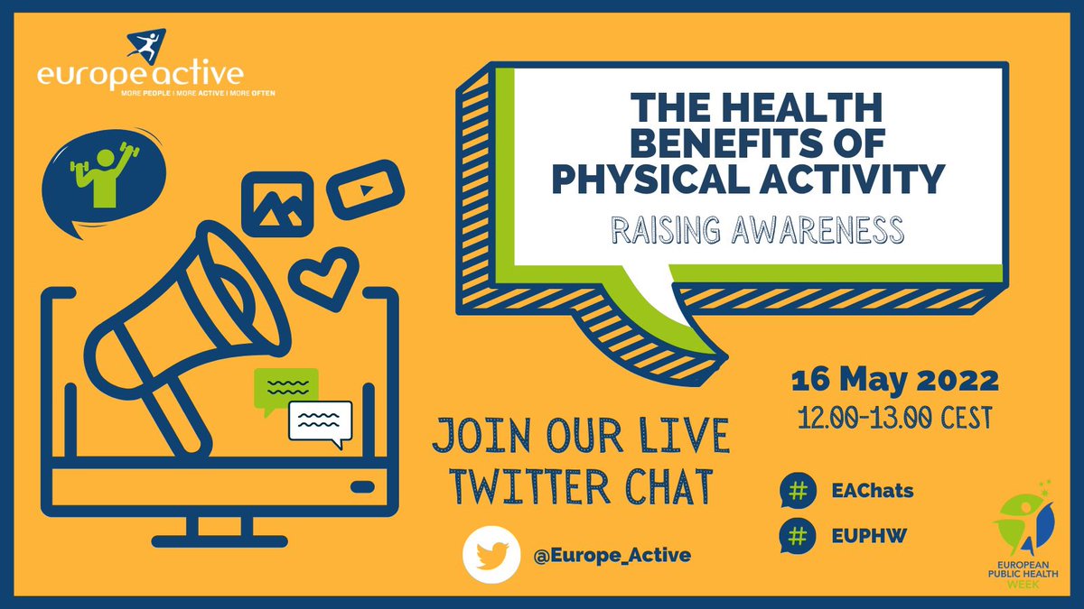 Europe_Active's tweet photo. The European Public Health Week starts today 🚀
Join us throughout the day as we publish the latest on the health benefits of #PhysicalActivity 📚 as well as for our live #TwitterChat at 12.00 CET ⏰
#EAChats #EUPHW https://t.co/ftZL2Rf1jg