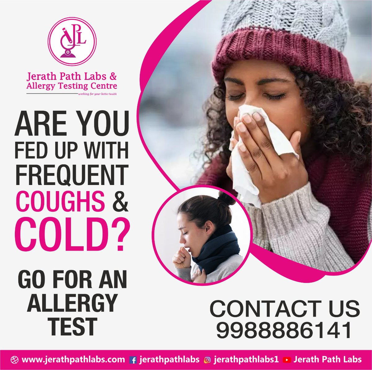JerathLabs's tweet image. Are you fed up with frequent coughs and cold? 
Go for an allergy test at Jerath Path Labs &amp;amp; Allergy Testing Centre. Book-A-Test Today, call us on: 9988886141 or visit our website: jerathpathlabs.com 

#JerathPathLabs #jerathgroup #drprashantjerath #jalandhar #offer #healthy