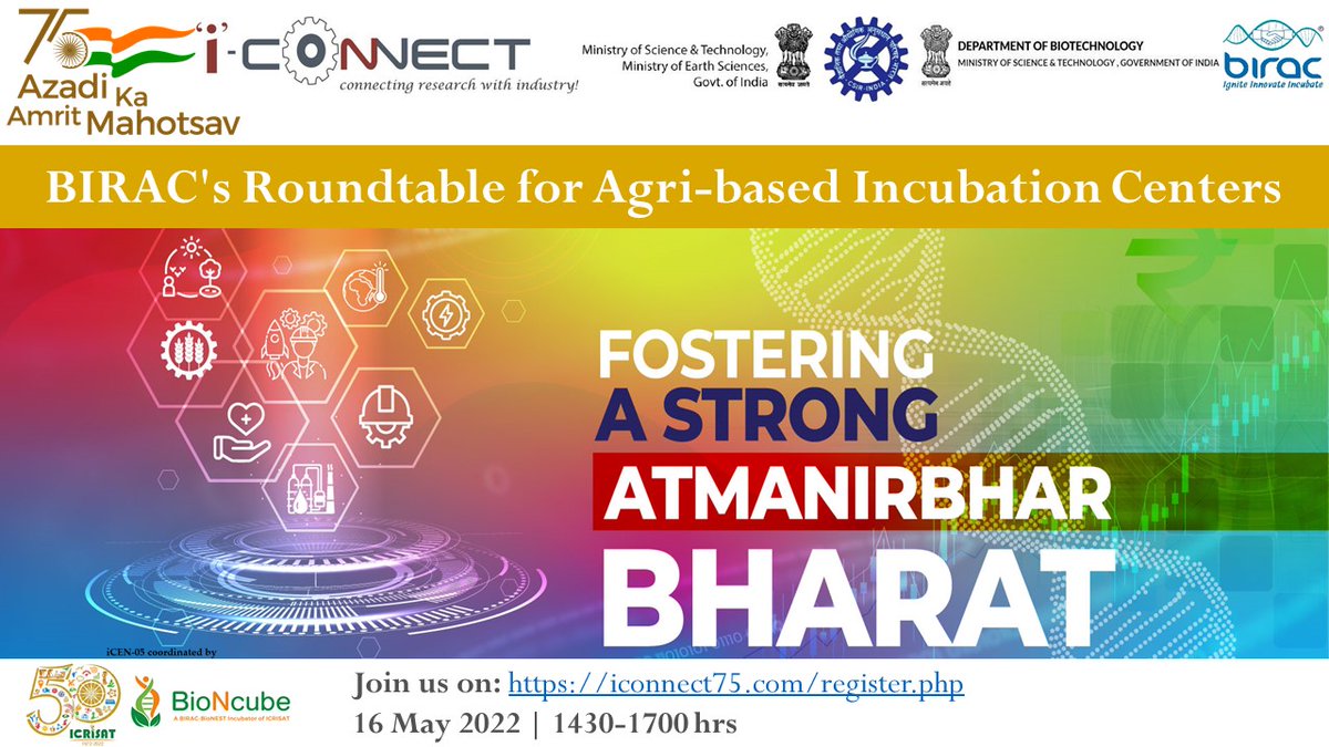 agbioICRISAT's tweet photo. #HappeningToday: Join us for an exciting event on  promoting ag-bio entrepreneurship in the 'BIRAC's Roundtable for Agri-based Incubation Centers'
Register on https://t.co/Xa4R2EoJik
@ICRISAT @DBTIndia @BIRAC_2012 @CSIR_IND 
#AtmaNirbharBharat https://t.co/1dQHrUEiYH