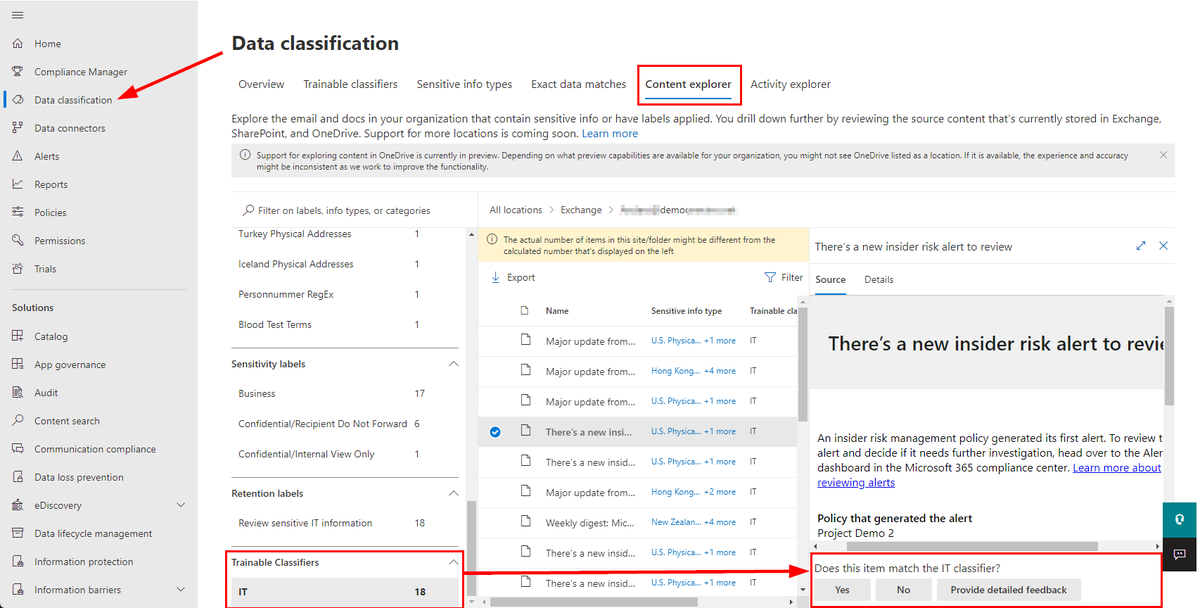 AndersPsYnet's tweet photo. Trainable Classifiers are now discovered in content Explorer. This gives you more insight of your information. Make sure to continue to train the classifiers by providing No-Match feedback. IMPORTANT Ensure that this activity is sanction/approved by the management  #purview https://t.co/IqbpzjISQk