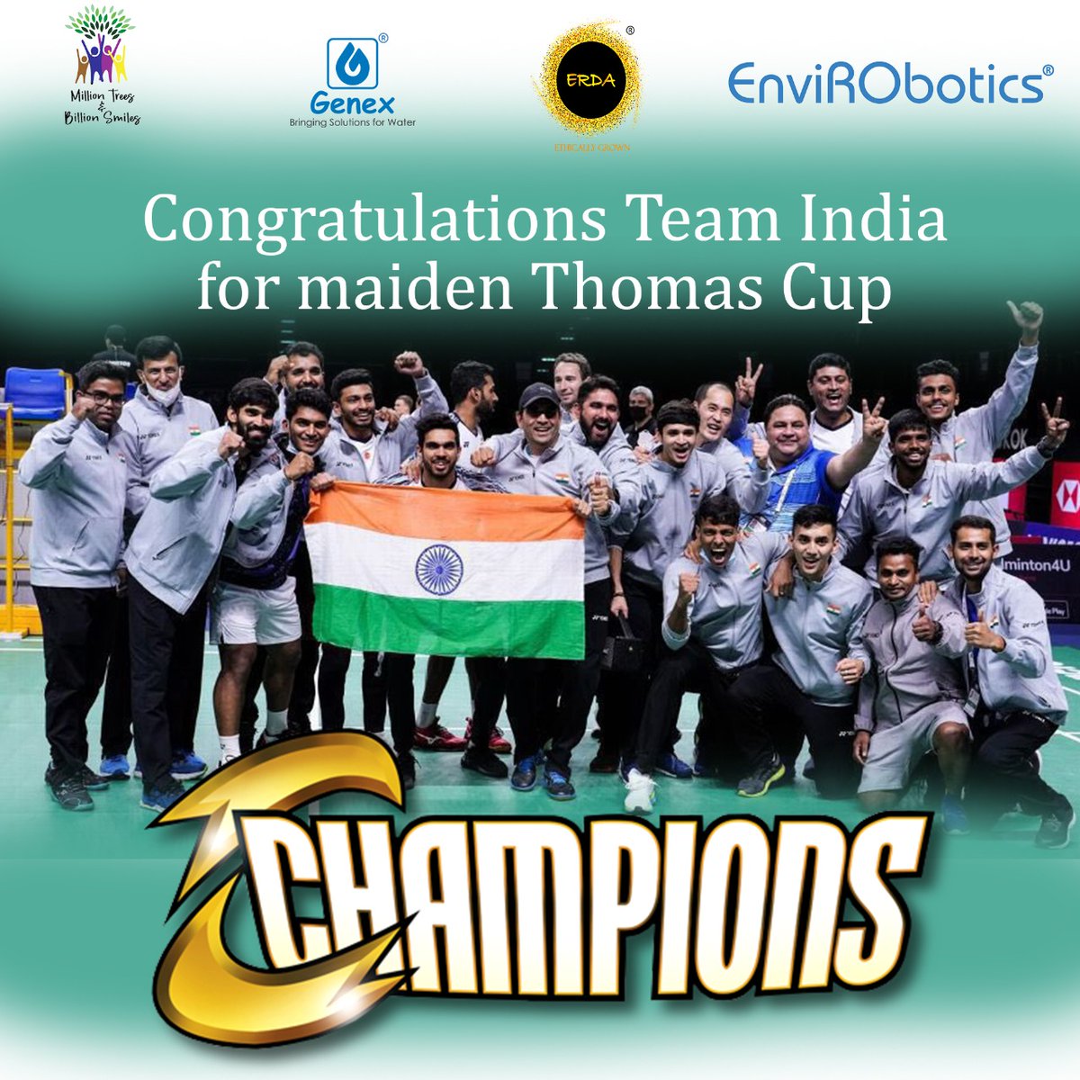 milliontreebil1's tweet photo. History!!! Congratulations Team India for winning Thomas Cup 🏆 and making India proud.
#TUC2022 #ThomasCup2022 #ThomasUberCups #IndiaontheRis #Badminton #ThomasCup https://t.co/DHl63UhF6C