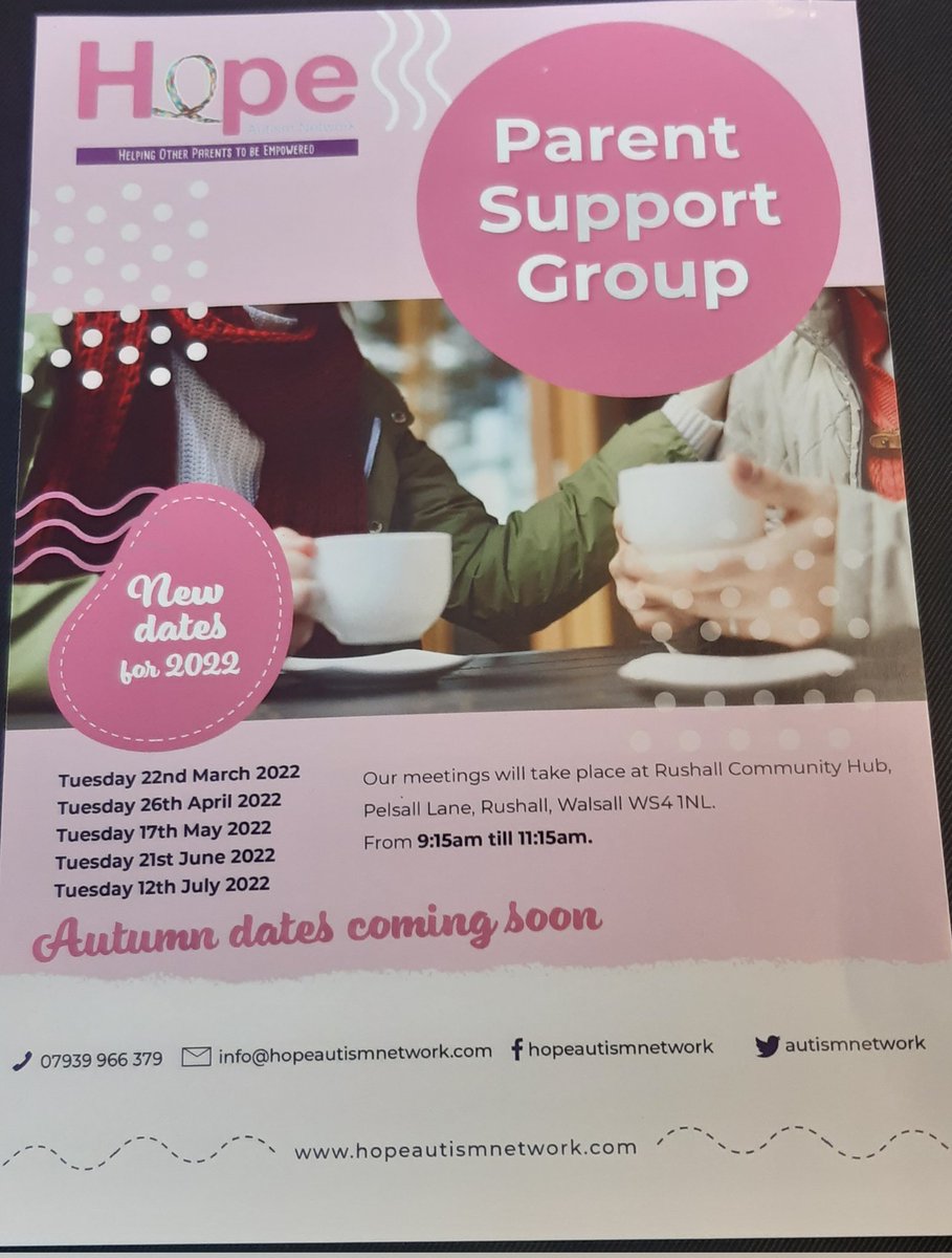 AutismNetwork's tweet photo. Good morning all, HOPE group is back again this month. Look forward to seeing you all tomorrow from 9.15-11.15am at Rushall Hub,Walsall. Let's get together and share all things about autism. https://t.co/kMeqHexVfG
