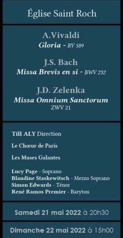 lesmusesgalante's tweet photo. 🎶🎻nos prochains concerts

SAM 21 MAI 20h30
DIM 22 MAI 15h30
Eglise St Roch à Paris 

Missa in omnium sanctorum ZWV 21 de J.D.ZELENKA
Magnificat RV 610 d’A.VIVALDI 

Missa Brevis BWV 232 (Version de 1733) de J.S.BACH 

Choeur de Paris
Ensemble Les Muses Galantes
dir. Till Ally https://t.co/sU43sdCZiJ