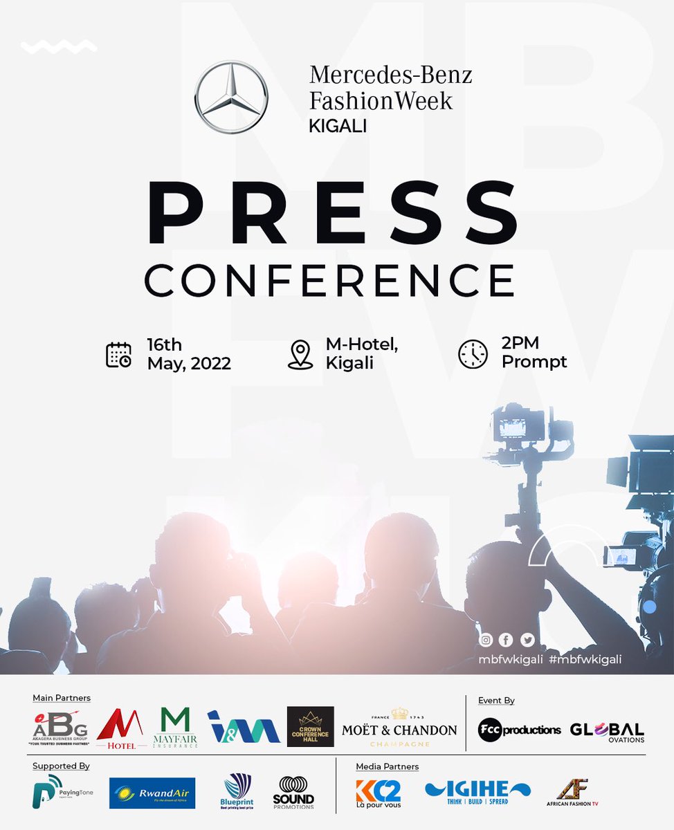 Don’t miss our Press Conference today.

Watch it live on <a href="/KC2_RW/">Kigali Channel 2(KC2)</a> and learn more about the <a href="/mbfwkigali/">Mercedes-Benz Fashion Week Kigali</a> events and programs 

#mbfwkigali #RwOT