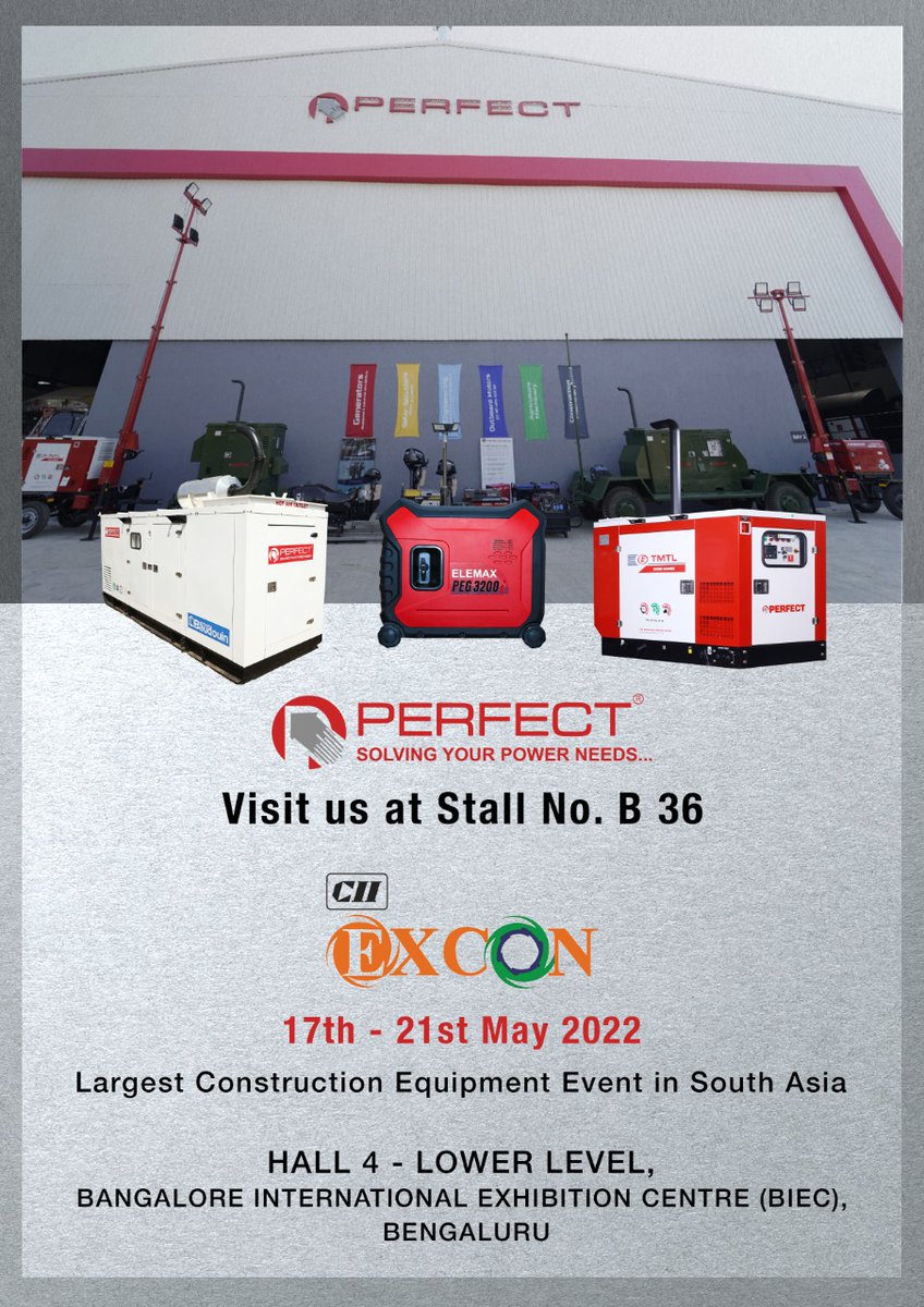 Perfecthouseltd's tweet photo. Perfect House is at CII Excon from 17th to 21st May, 2022! Come visit us at our Stall No. B 36 at Hall-4, Lower Level; BIEC, Bangalore.
 #perfecthouse #phpl #perfectelemax #excon #ciiexcon #excon2022 #exhibition #mobilelightingtower #perfectmlt #perfecteicher #perfectbaudouin https://t.co/fjfTIFmKsS