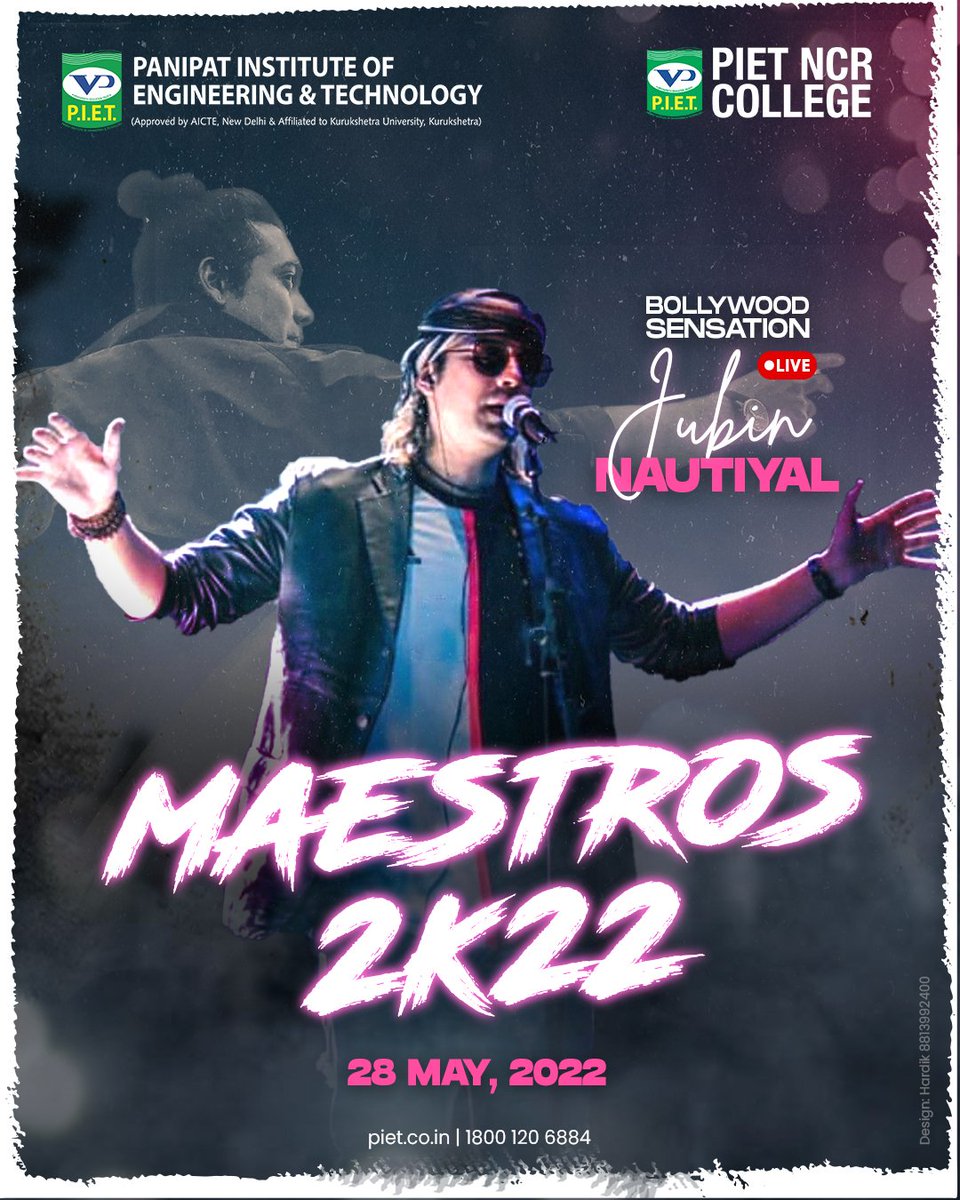 PIETPanipat's tweet photo. MAESTROS 2022
Finally, the wait is over!
Presenting JUBIN NAUTIYAL in the house on 28th May 2022.
BLOCK THE DATE!

#PIETMaestros2022 #Maestros2022 #Collegefest #PietFest #collegelife #JubinNautiyalLive #JubinNautiyal #CelebrityNight #NightwithJubin #Entertainmentunlimited https://t.co/zu2W3i04el