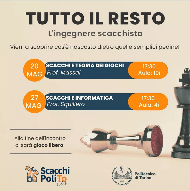 squillero's tweet photo. To all #Chess players and lovers: @scacchi_polito  is organizing 2 talks, one with prof. Massai on Game Theory (May 20 at 17:30 ) and one with me on Chess and #ArtificialIntelligence (May 27 at 17:30) #AppuntamentiPoliTO @PoliTOnews https://t.co/zNlM1Mj38O https://t.co/BB1BWktgSR https://t.co/1sgl0V2W2T