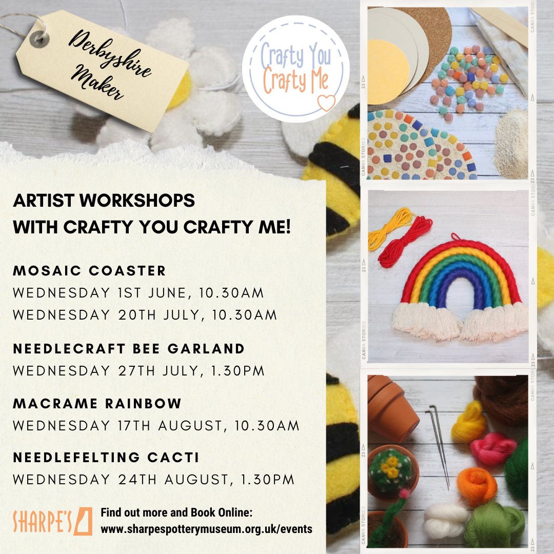 SharpesMuseum's tweet photo. Sarah from Crafty You Crafty Me will be joining us this summer with  a programme of fabulous workshops! First up this fun 'Mosaic Coaster Workshop'! Find out more and book online here:

https://t.co/N7bA6OE5H8

#DerbyshireMaker #craftworkshop #artistworkshops https://t.co/e4W4hvbJ4c