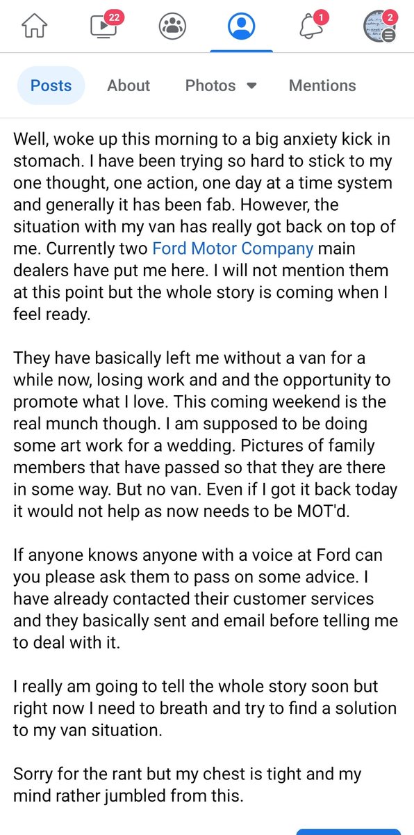 Todays Facebook post. Anxiety has really hit this morning. Thanks to <a href="/forduk/">Ford UK</a> at dealership level for getting me in to this situation. I will be sharing everything when I feel strong enough!