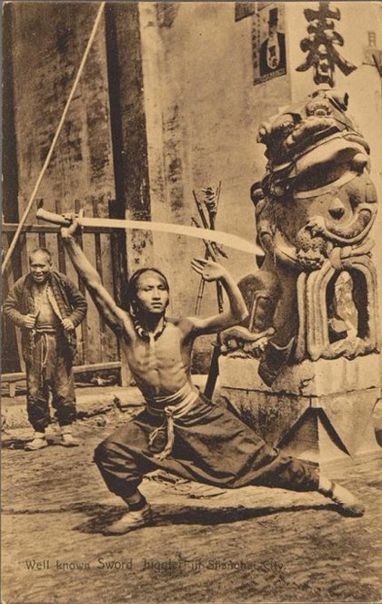 CarlZha's tweet photo. Sword juggler in Shanghai. Vintage postcard frm 1907-1914 https://t.co/FH3NEmCesV