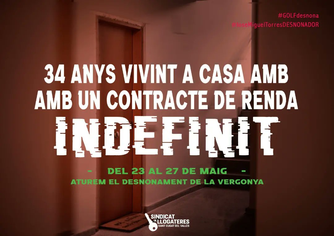 LlogaterStCugat's tweet photo. ⚠️ TORNEM A ATURAR DESNONAMENT DE LA VERGONYA

A la Nuri, la Carol i la Núria les ha assetjat durant 12 anys el president del Golf de Sant Cugat, José Miguel Torres. 

❗Ara, tenen nova data de desnonament en data oberta del 23 al 27 de maig. 

Defensem casa la Nuri!
#GolfDesnona https://t.co/IqnhoJ4sKt