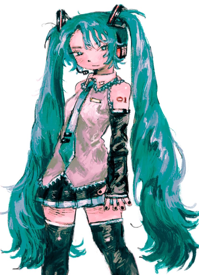 hatsune miku 1girl solo twintails long hair necktie detached sleeves thighhighs  illustration images