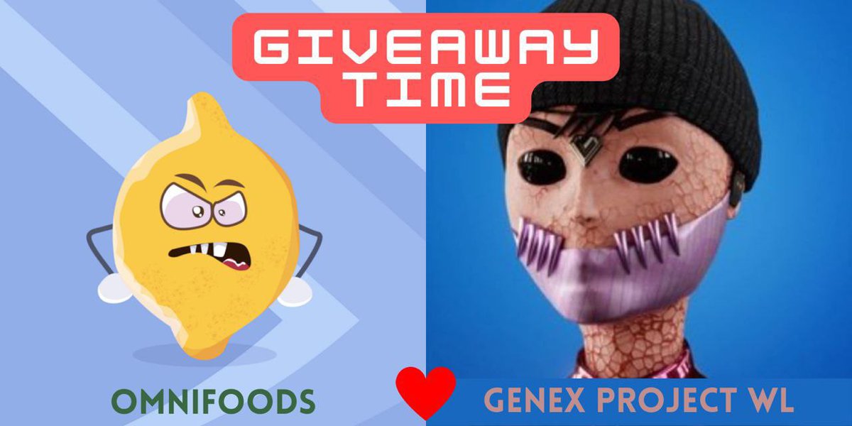 Hey foodies

We’ve partnered with <a href="/genexprojectnft/">GeneX Project | cc0</a> and are giving away 2 x GeneX Project WL spot!

To enter:
♻️Follow 
<a href="/omnifoodsnft/">OmniFoods NFT | cc0 | Omnichain NFT | Free Mint</a>
 &amp; 
<a href="/genexprojectnft/">GeneX Project | cc0</a> 
❤️Like+RT
✅Tag 3 friends

⏰24hrs

#WhitelistGiveaway #NFTGiveaway #NFTCommunity #NFTgiveaway #NFT #whitelist