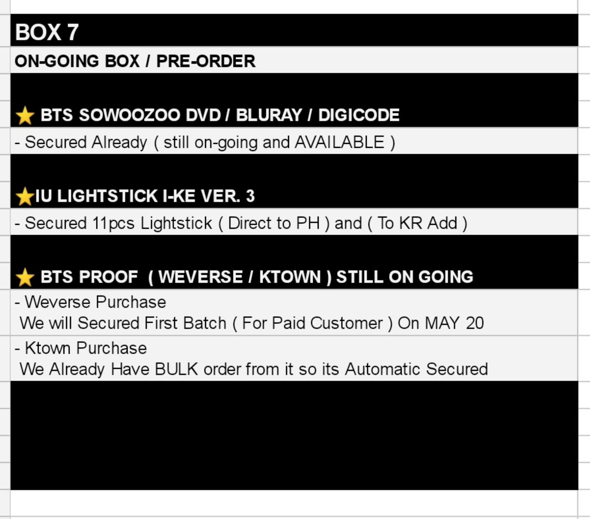 YourMerchPH_'s tweet photo. 📌 MASS UPDATE as of 
MAY 16, 2022 💜💜💜
 
⭐BOX 6 
📍Schedule of Pickup on May 17 or 18
⭐ JAPAN BOX
📍Enhypen Senkou
📍 BATCH 2 Summer Sealed Album

⭐ BOX 7 STILL ON-GOING 
📍BTS SOWOOZOO
       DVD / BLURAY / DIGICODE
📍BTS PROOF
      ( WEVERSE / KTOWN)

#YMPHUpdates https://t.co/ykUYB8v8DT