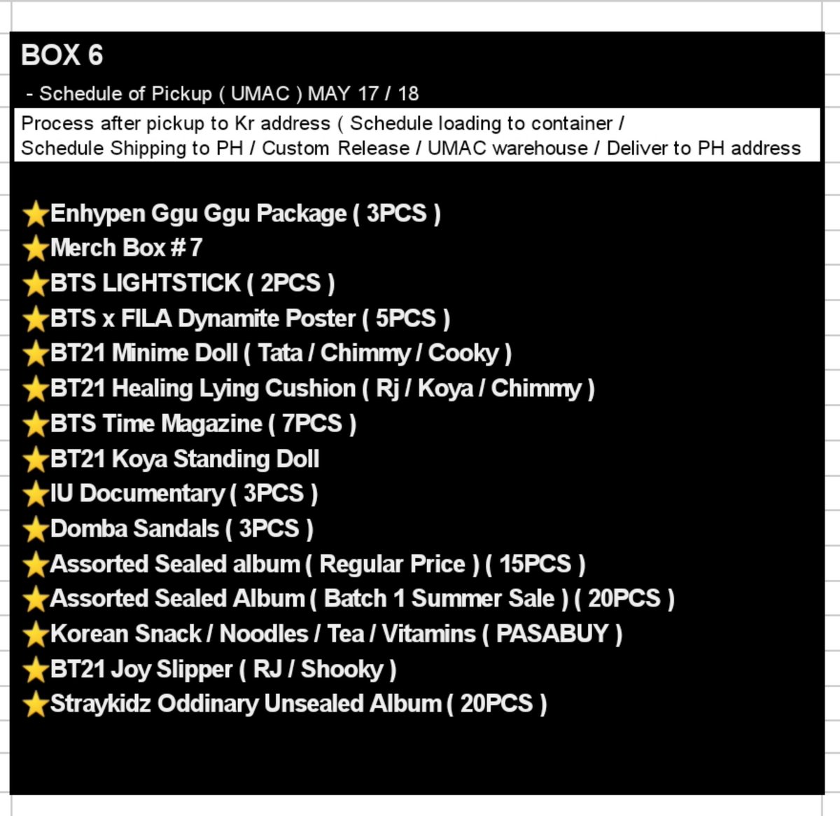 YourMerchPH_'s tweet photo. 📌 MASS UPDATE as of 
MAY 16, 2022 💜💜💜
 
⭐BOX 6 
📍Schedule of Pickup on May 17 or 18
⭐ JAPAN BOX
📍Enhypen Senkou
📍 BATCH 2 Summer Sealed Album

⭐ BOX 7 STILL ON-GOING 
📍BTS SOWOOZOO
       DVD / BLURAY / DIGICODE
📍BTS PROOF
      ( WEVERSE / KTOWN)

#YMPHUpdates https://t.co/ykUYB8v8DT
