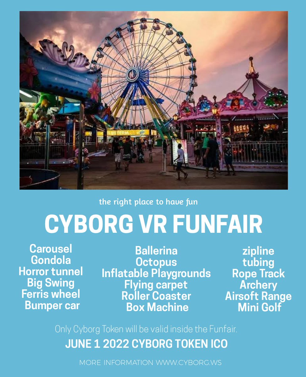 Cyborgtoken's tweet image. VR funfair experience will be with you soon. The Cyborg Token will be valid for all events within the Cyborg Metaverse.

#nfts #NFTartist #nft #NFTdrop #openseanft  #opensea #openseanfts #FreeNFT #NFTGiveaway #NFTCommunity  #Giveaways