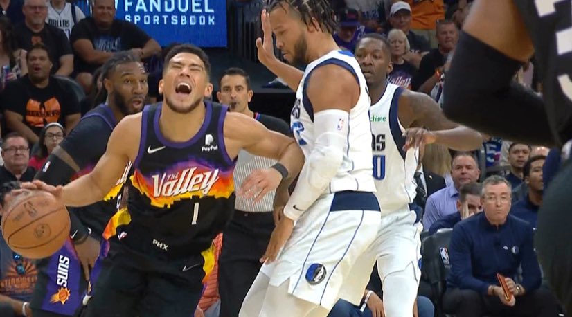 All_Things_Mavs's tweet photo. “Devin Booker, you have been eliminated from the NBA Playoffs after absolutely disappearing in Game 7… how do you feel?”

Devin Booker: https://t.co/irByNYoJLj