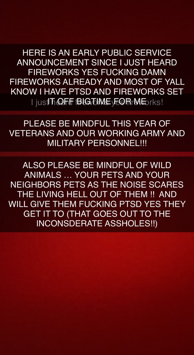 illusionofsouls's tweet photo. A FRIENDLY REMINDER FOR FOURTH OF JULY SEASON & PTSD AWARENESS FOURTH OF JULY SEASON STARTS AROUND THIS TIME OF YEAR SO PLEASE READ MY PICTURE TYIA #ptsdawareness #fourthofjuly #yourpets #military https://t.co/cKpvvnQ9Q3