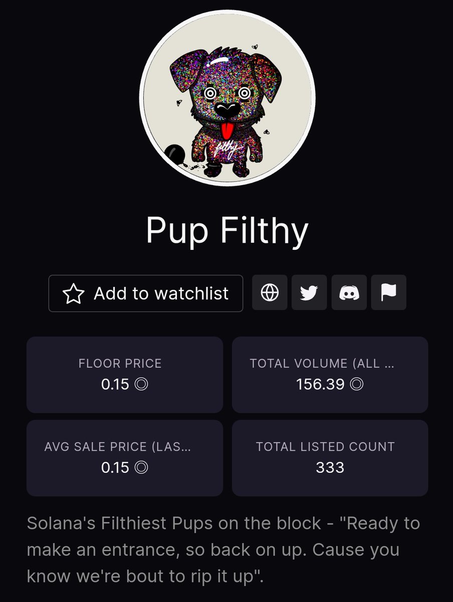 daodwi_nft's tweet photo. Small community but strong community @pupfilthy
Awesome Dev team and roadmap.
333/10000 listed..we are building slowly but surely. I hope our big solana lover @The__Solstice loves pup filthy.
We all lov you 
#filthypup $Dirt https://t.co/svNJaRD2hM