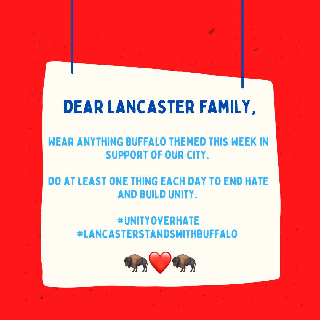 LHSStudentUnion's tweet image. Show your support of our city❤️🦬 #unityoverhate #lancasterstandswithbuffalo @LancasterCSD @LCSDLHSPrinc