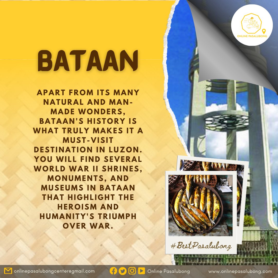OLPasalubong's tweet photo. Despite the beautiful views &amp; destinations, Bataan is also known for its historical places thanks to its great role in the world history. Let's get to know more about Bataan! 😊

#OnlinePasalubong 
#TravelTuesday
#ExploreBataan https://t.co/rHJ3WxHi2a